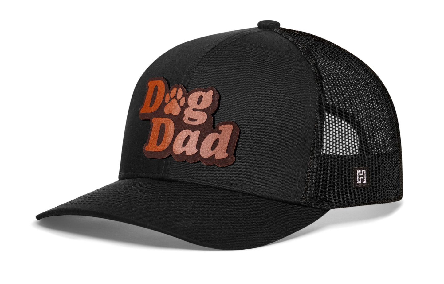 Dog Dad Trucker Leather Haka Hat Black Paw Snapback