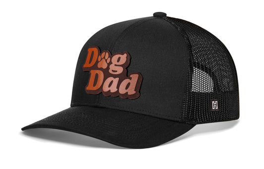 Dog Dad Trucker Leather Haka Hat Black Paw Snapback