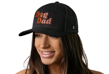 Dog Dad Trucker Leather Haka Hat Black Paw Snapback