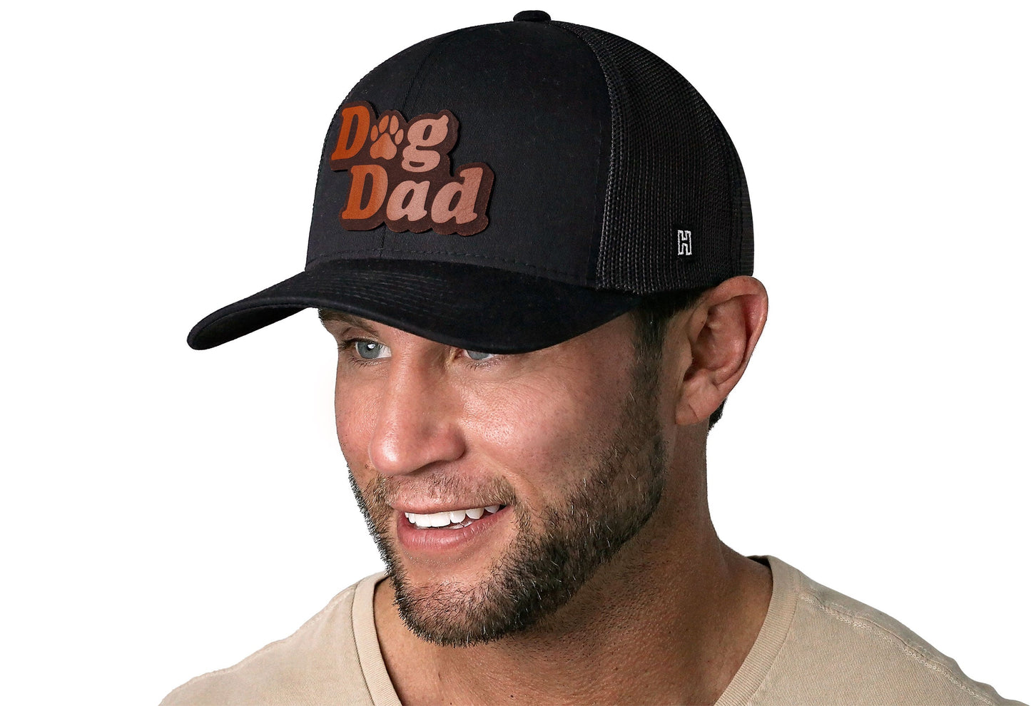 Dog Dad Trucker Leather Haka Hat Black Paw Snapback