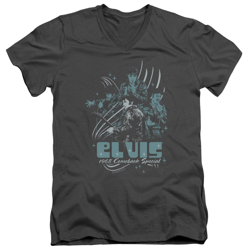 Elvis Presley 68 Leather Mens Slim Fit V-Neck T Shirt Charcoal