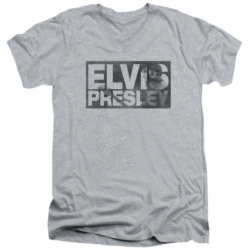 Elvis Presley Block Letters Mens Slim Fit V Neck T Shirt Athletic Heather