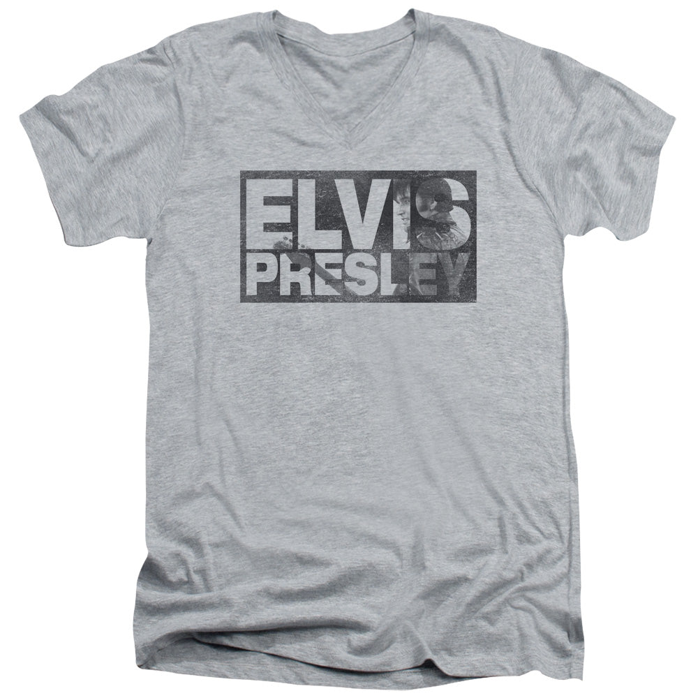 Elvis Presley Block Letters Mens Slim Fit V Neck T Shirt Athletic Heather