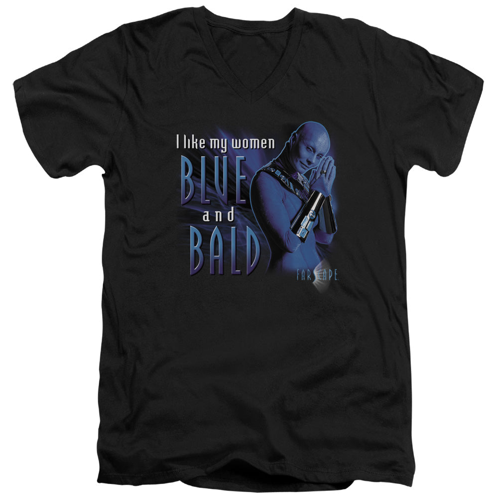 Farscape Blue and Bald Mens Slim Fit V-Neck T Shirt Black
