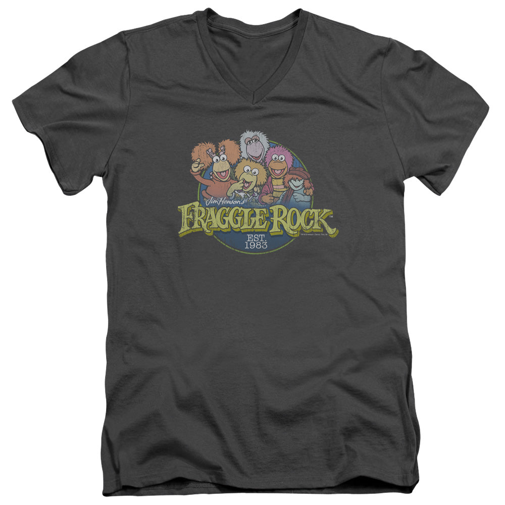 Fraggle Rock Circle Logo Mens Slim Fit V-Neck T Shirt Charcoal
