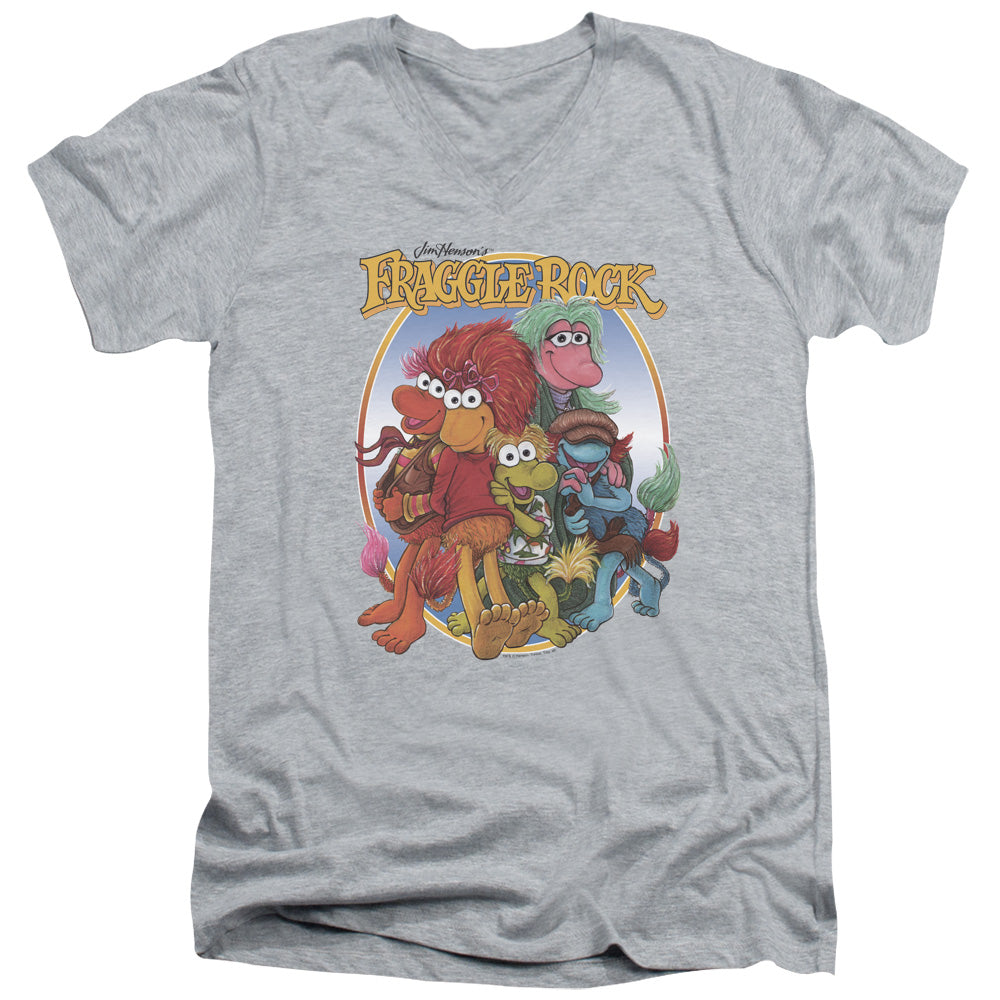 Fraggle Rock Group Hug Mens Slim Fit V-Neck T Shirt Athletic Heather