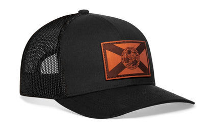 Florida Flag Trucker Leather Haka Hat Black FL Snapback