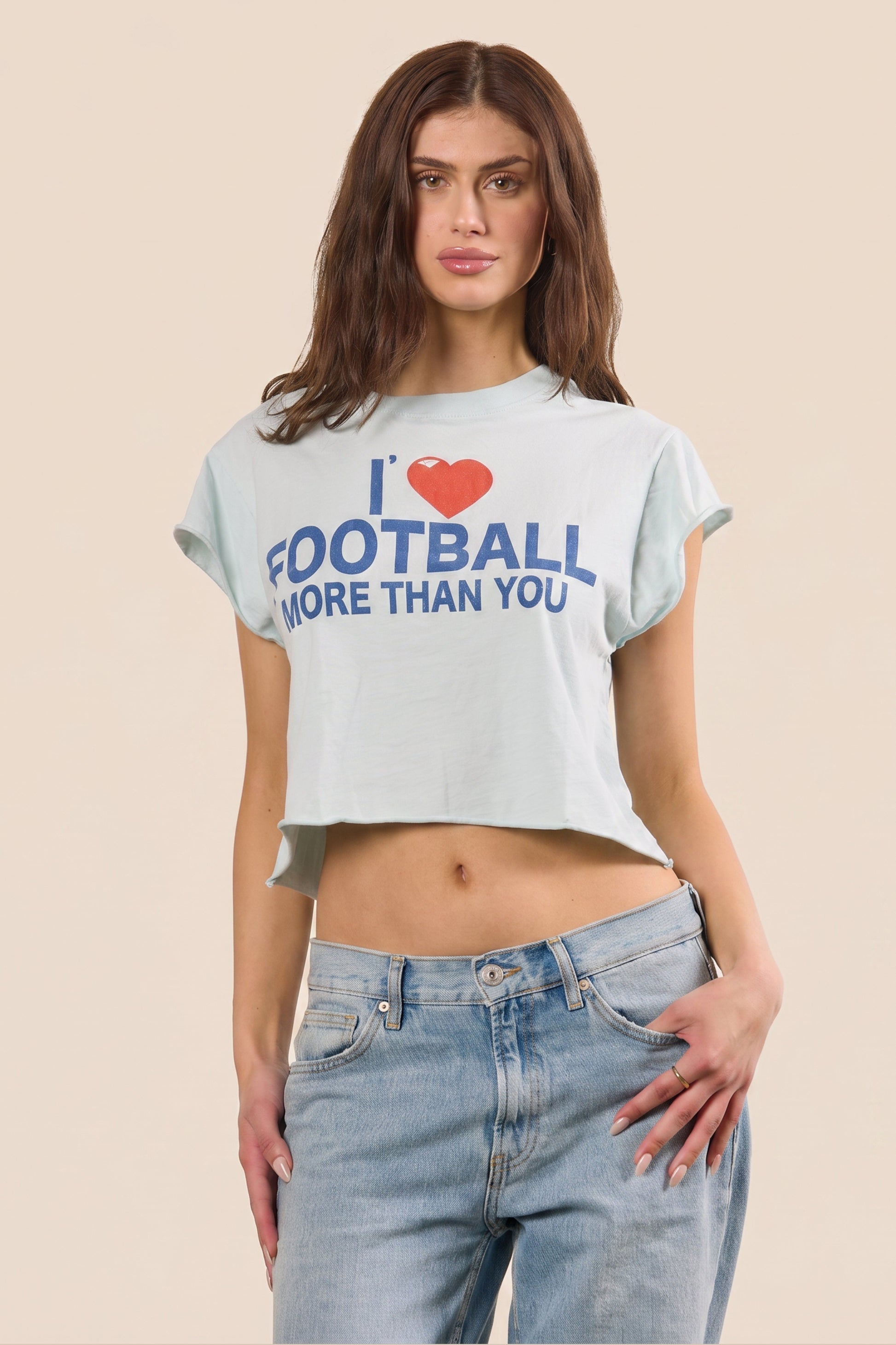I Love Football More Than You Baby Tee Womens T Shirt Light Blue