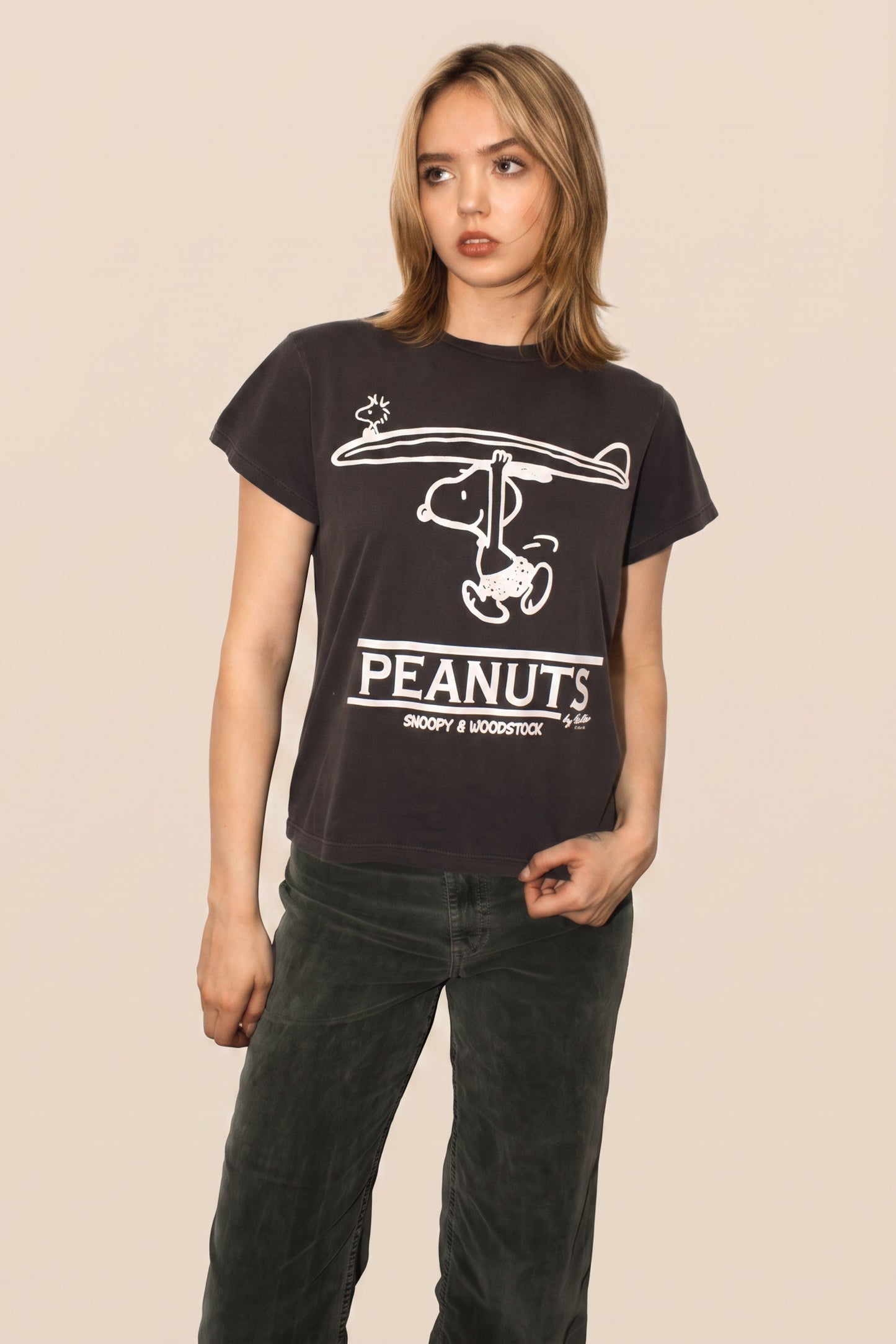 Peanuts Surf Snoopy and Woodstock Womens T Shirt Vintage Black