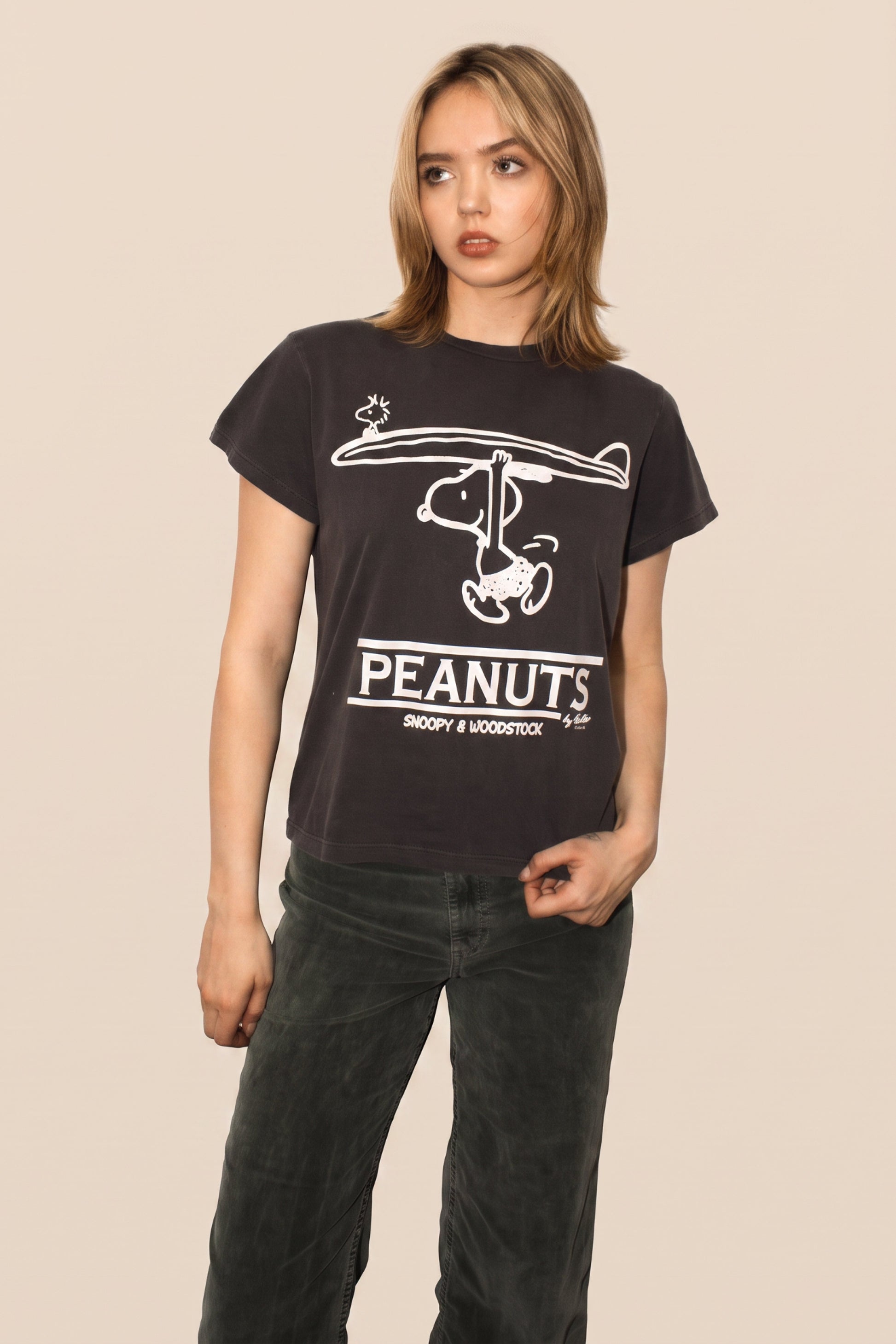 Peanuts Surf Snoopy and Woodstock Womens T Shirt Vintage Black