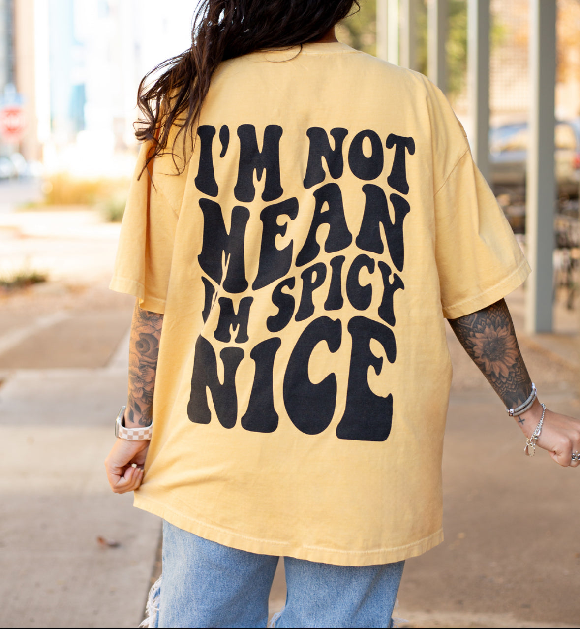 I'm Not Mean I'm Spicy Nice Graphic Tee Womens T Shirt Mustard Yellow