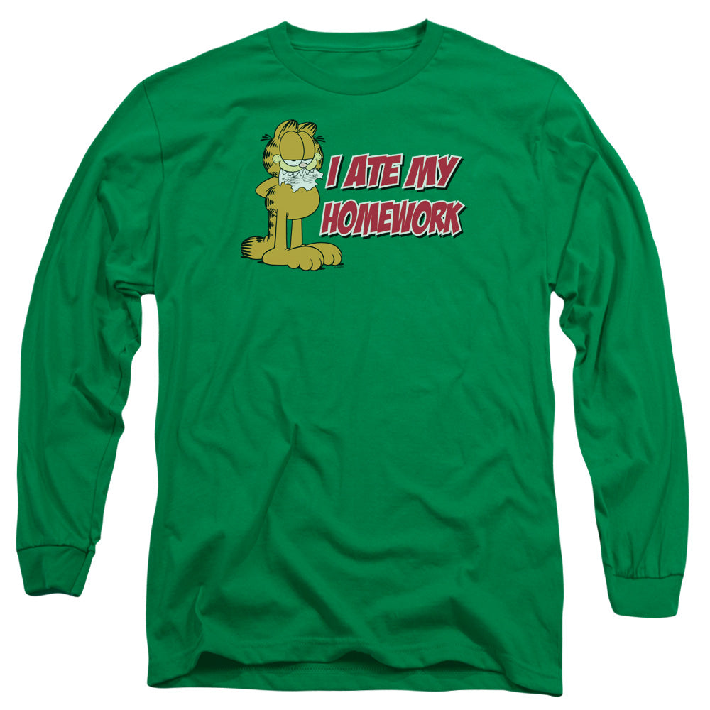 Garfield I Ate My Homework Mens Long Sleeve Shirt Kelly Green Officially Licensed