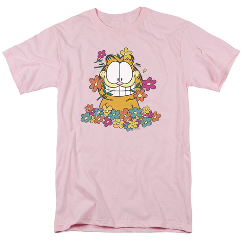 Garfield In The Garden Mens T Shirt Pink