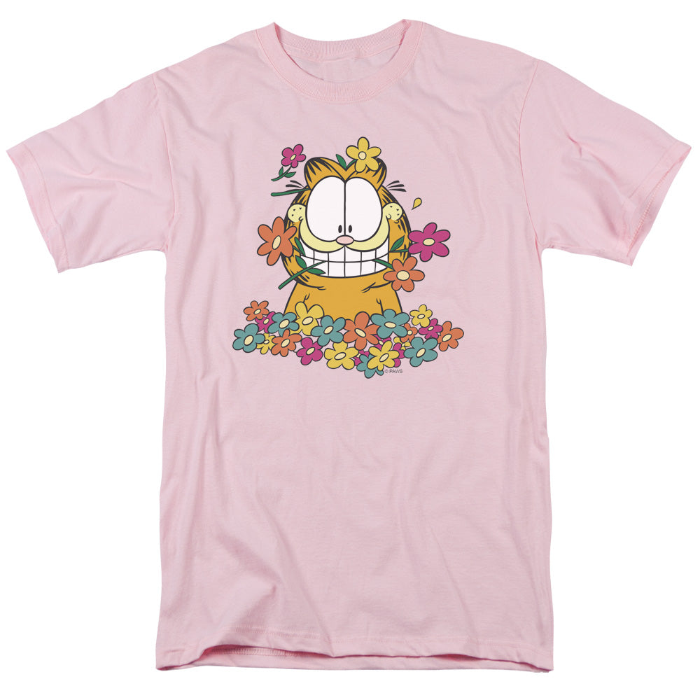 Garfield In The Garden Mens T Shirt Pink