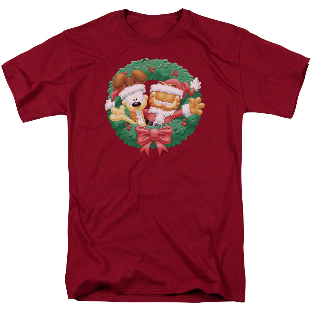 Garfield Christmas Wreath Mens T Shirt Cardinal