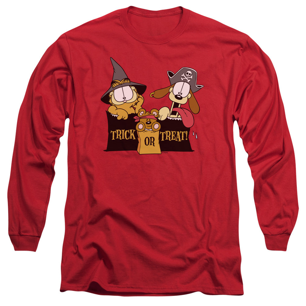 Garfield Trick Or Treat Mens Long Sleeve Shirt Red Officially Licensed