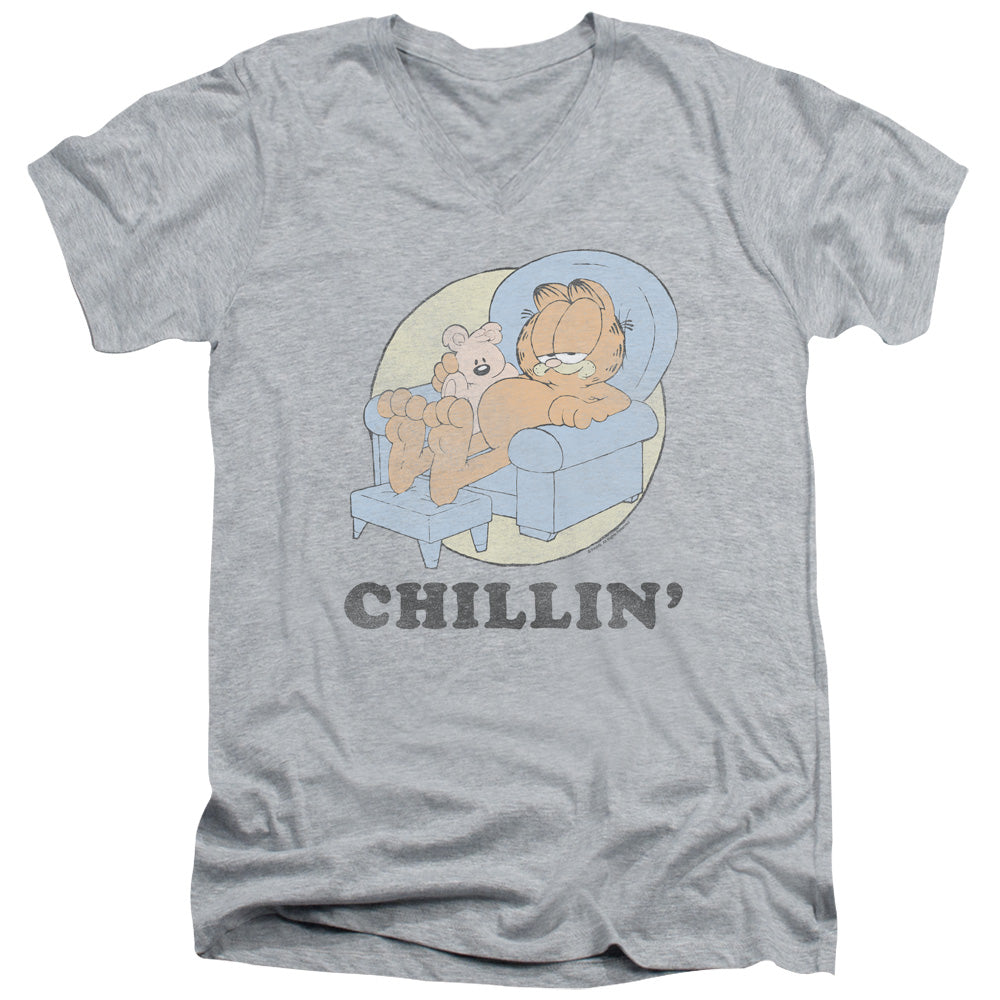 Garfield Chillin Mens Slim Fit V-Neck T Shirt Athletic Heather