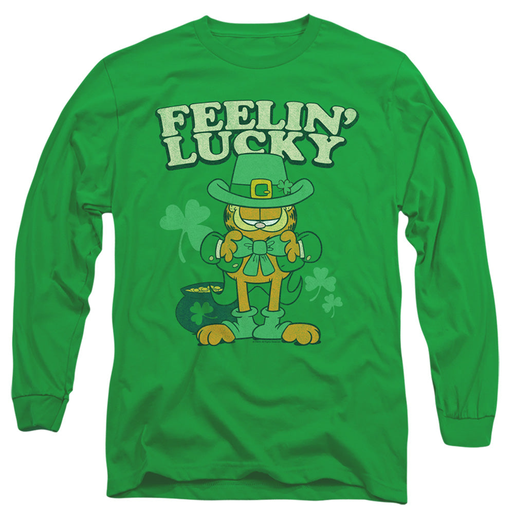 Garfield Feelin Lucky Mens Long Sleeve Shirt Kelly Green Officially Licensed