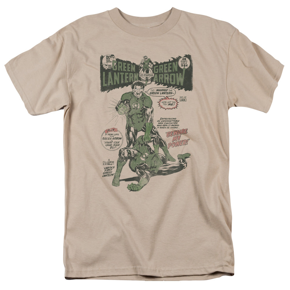 Green Lantern Beware My Power Mens T Shirt Sand
