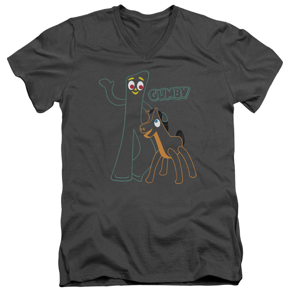 Gumby Outlines Mens Slim Fit V-Neck T Shirt Charcoal