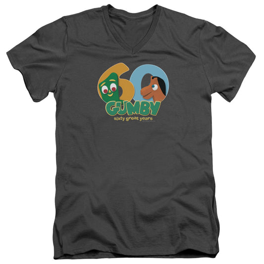 Gumby 60th Mens Slim Fit V-Neck T Shirt Charcoal