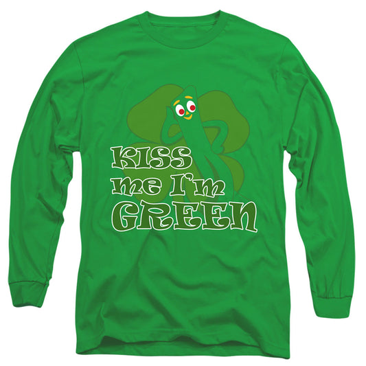 Gumby Kiss Me Im Green Mens Long Sleeve Shirt Kelly Green Officially Licensed