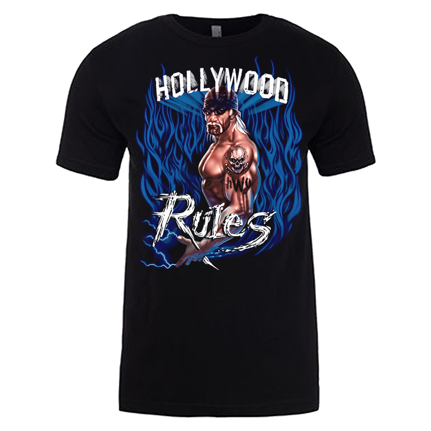 Hulk Hogan Blue Flame Hollywood Rules Mens T Shirt Black