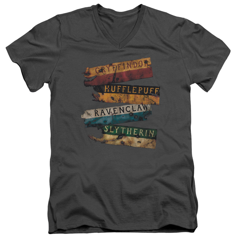Harry Potter Burnt Banners Mens Slim Fit V-Neck T Shirt Charcoal