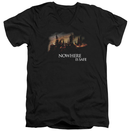 Harry Potter Burning Hogwarts Mens Slim Fit V-Neck T Shirt Black
