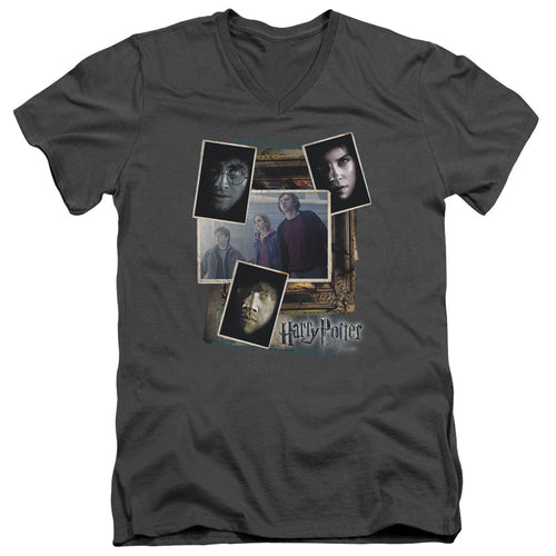 Harry Potter Trio Collage Mens Slim Fit V-Neck T Shirt Charcoal