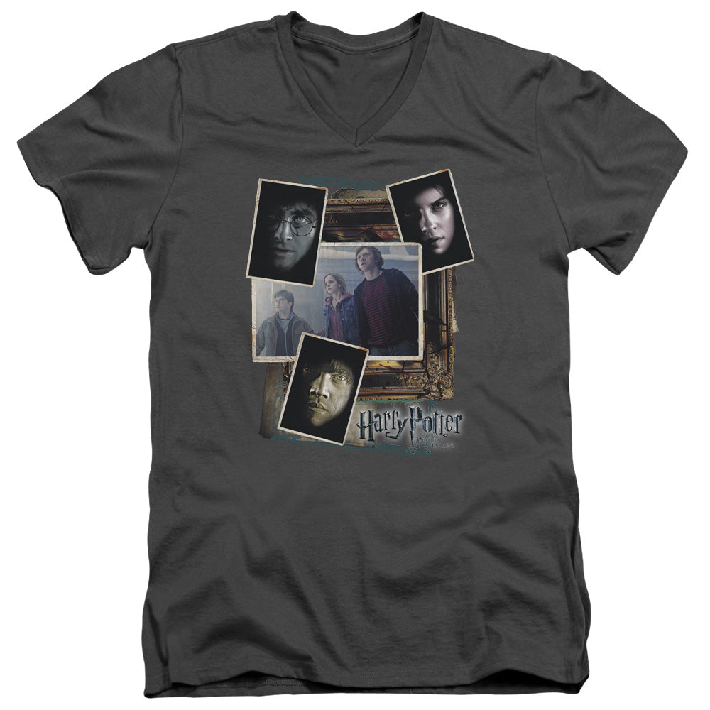 Harry Potter Trio Collage Mens Slim Fit V-Neck T Shirt Charcoal