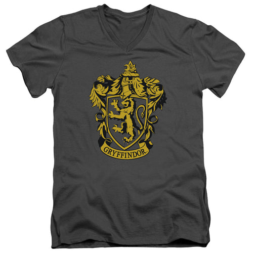 Harry Potter Gryffindor Crest Mens Slim Fit V-Neck T Shirt Charcoal