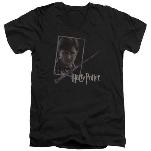 Harry Potter Harrys Wand Portrait Mens Slim Fit V-Neck T Shirt Black