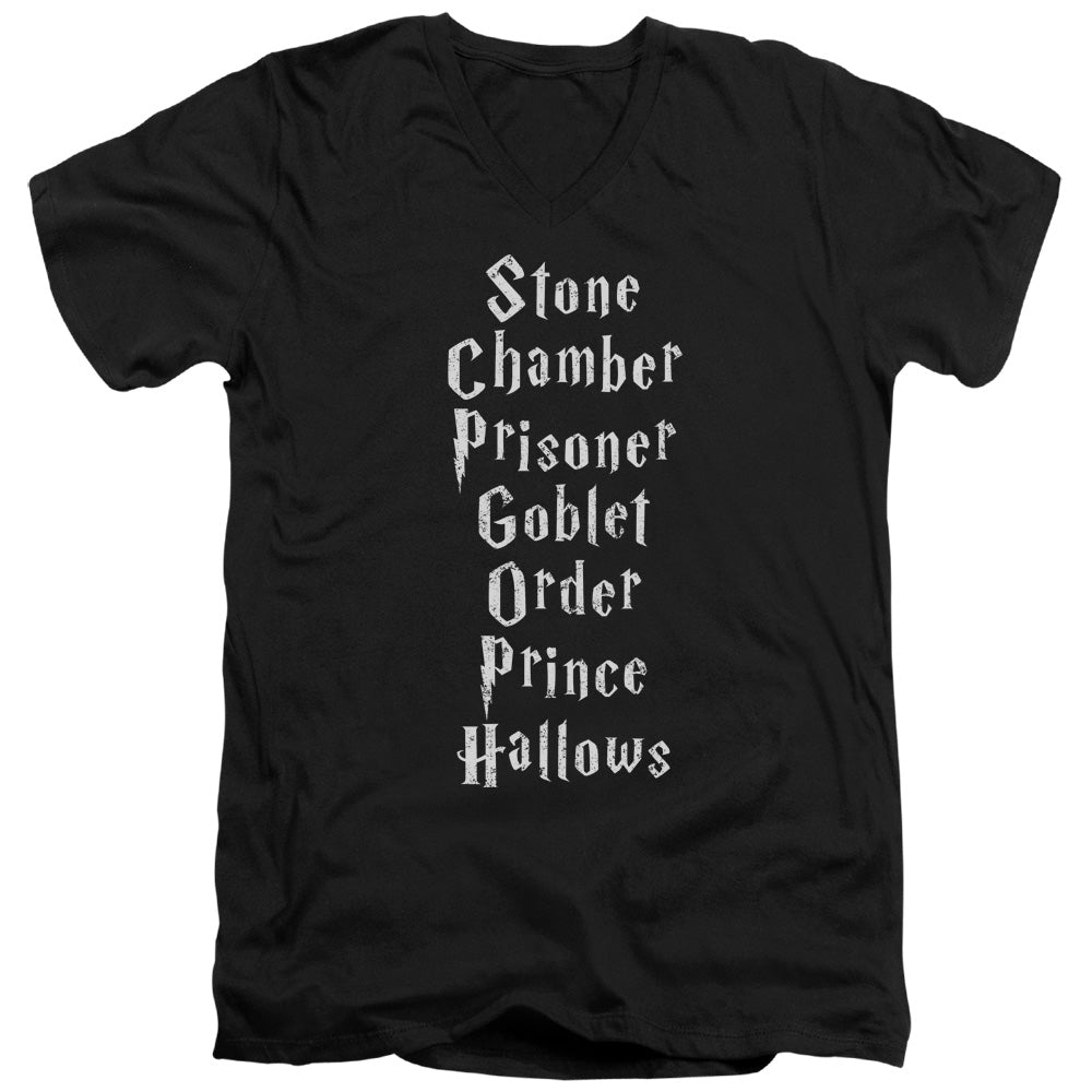 Harry Potter Titles Mens Slim Fit V-Neck T Shirt Black