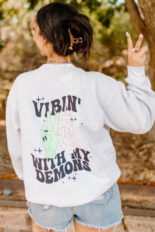Vibin' with My Demons Graphic Womens Crewneck Sweatshirt Grey