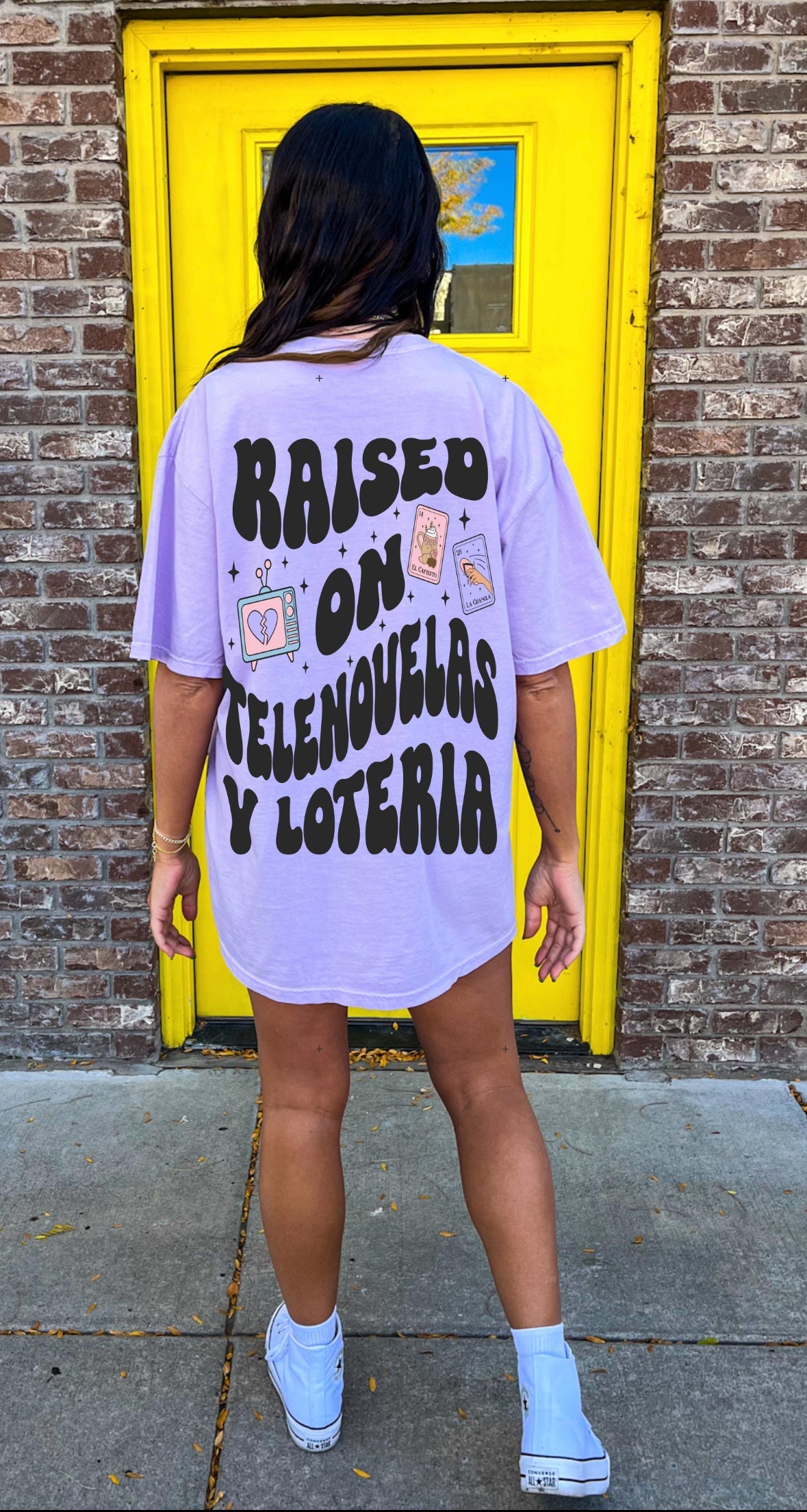 Raised on Telenovelas Y Loteria Graphic Tee Womens T Shirt Purple