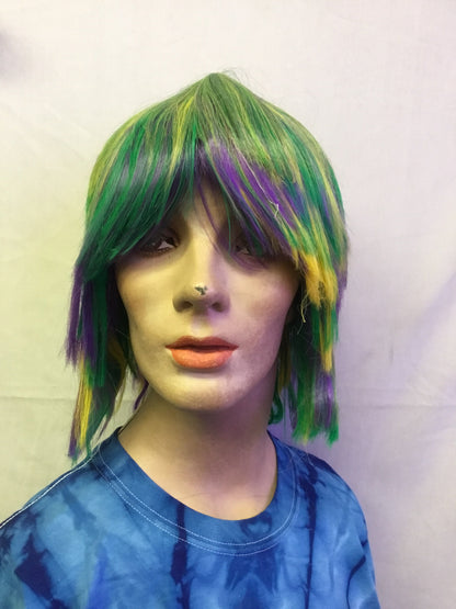 Mardi Gras Choppy Yellow Green Purple Layered Fat Tuesday Party Wig