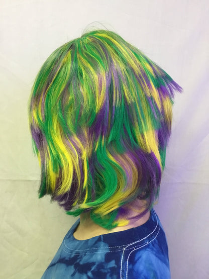 Mardi Gras Choppy Yellow Green Purple Layered Fat Tuesday Party Wig