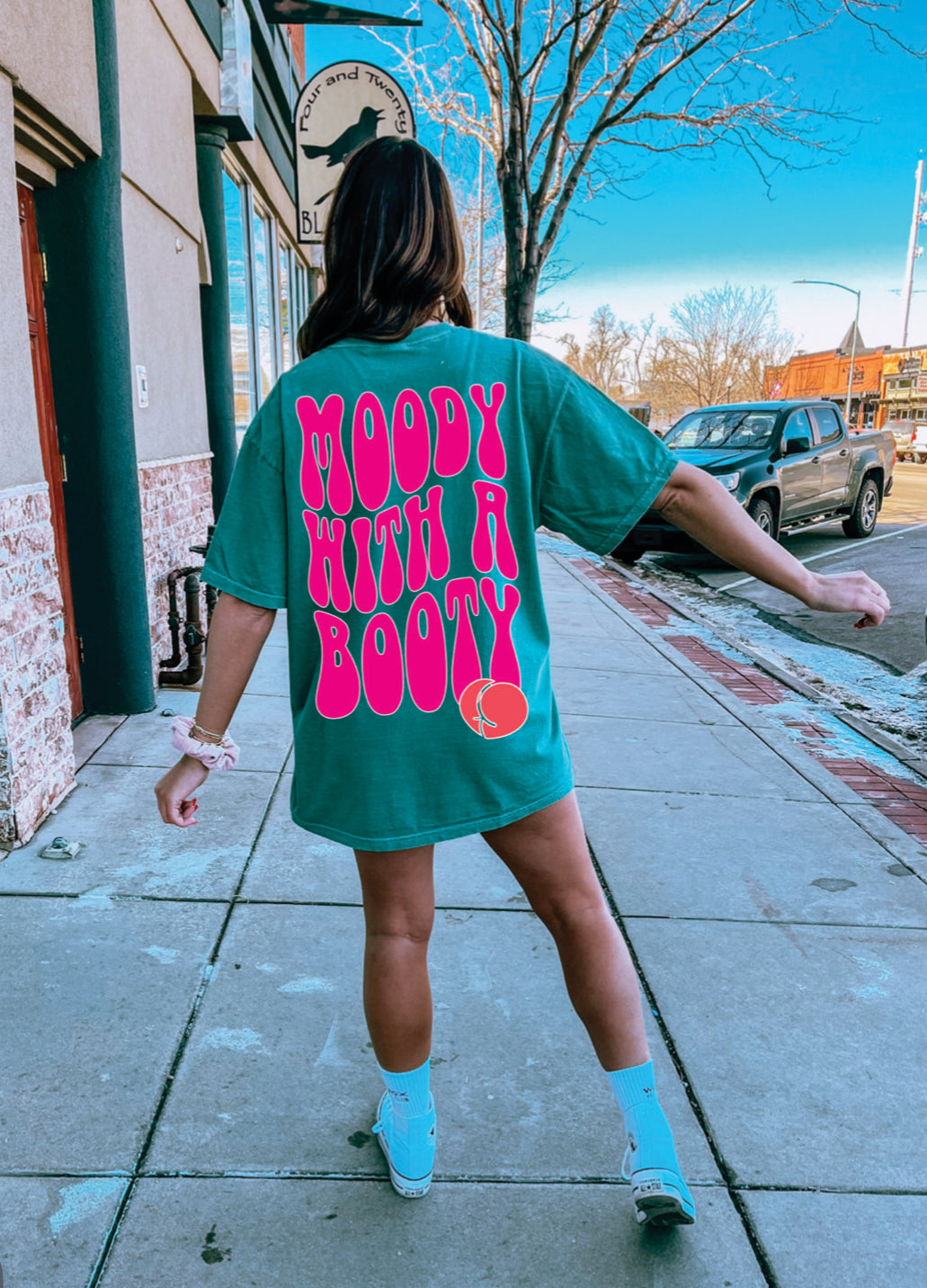 Moody With A Booty Graphic Tee Womens T Shirt Neon Pink and Coral