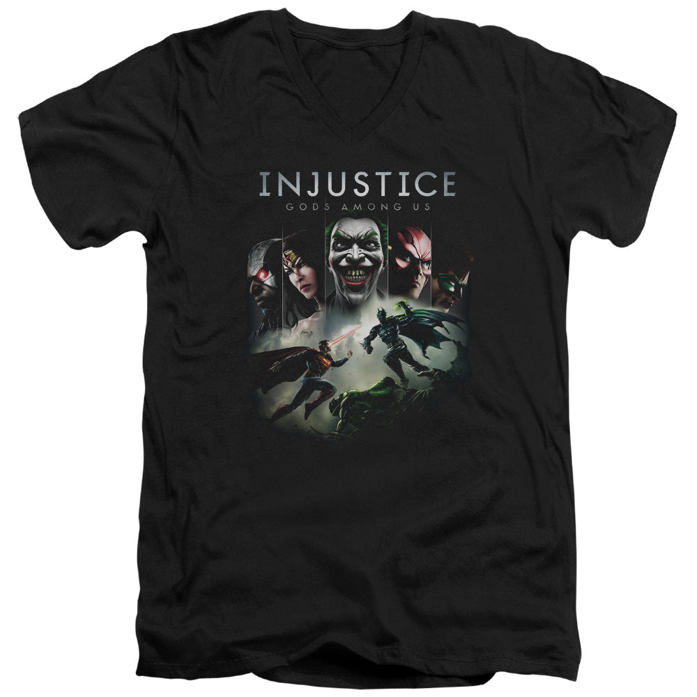 Injustice Gods Among Us Key Art Mens Slim Fit V-Neck T Shirt Black