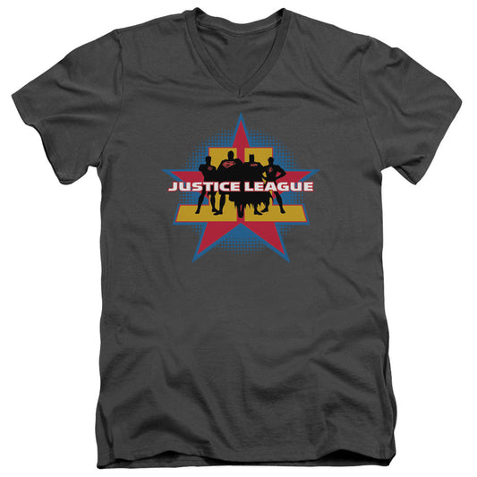 Justice League Stand Tall Mens Slim Fit V-Neck T Shirt Charcoal
