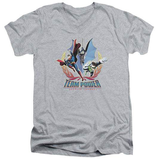 Justice League Team Power Mens Slim Fit V-Neck T Shirt Athletic Heather