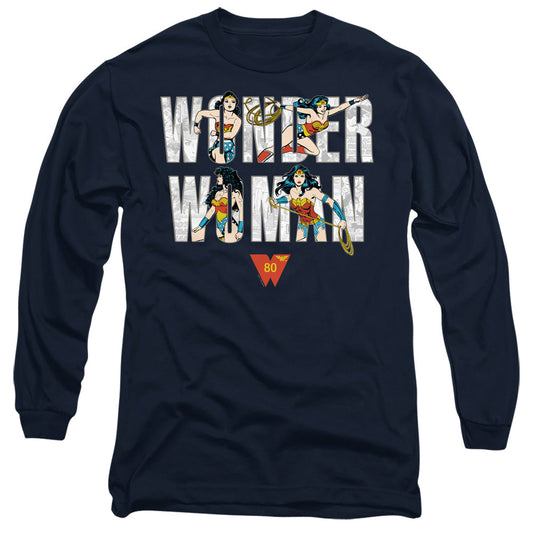 Wonder Woman Ww 80Th Illustrated Type Mens Long Sleeve Shirt Navy Officially Licensed