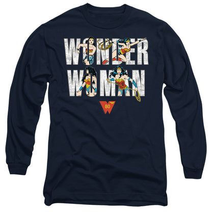 Wonder Woman Ww 80Th Illustrated Type Mens Long Sleeve Shirt Navy Officially Licensed