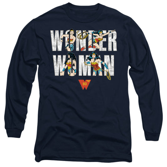Wonder Woman Ww 80Th Illustrated Type Mens Long Sleeve Shirt Navy Officially Licensed