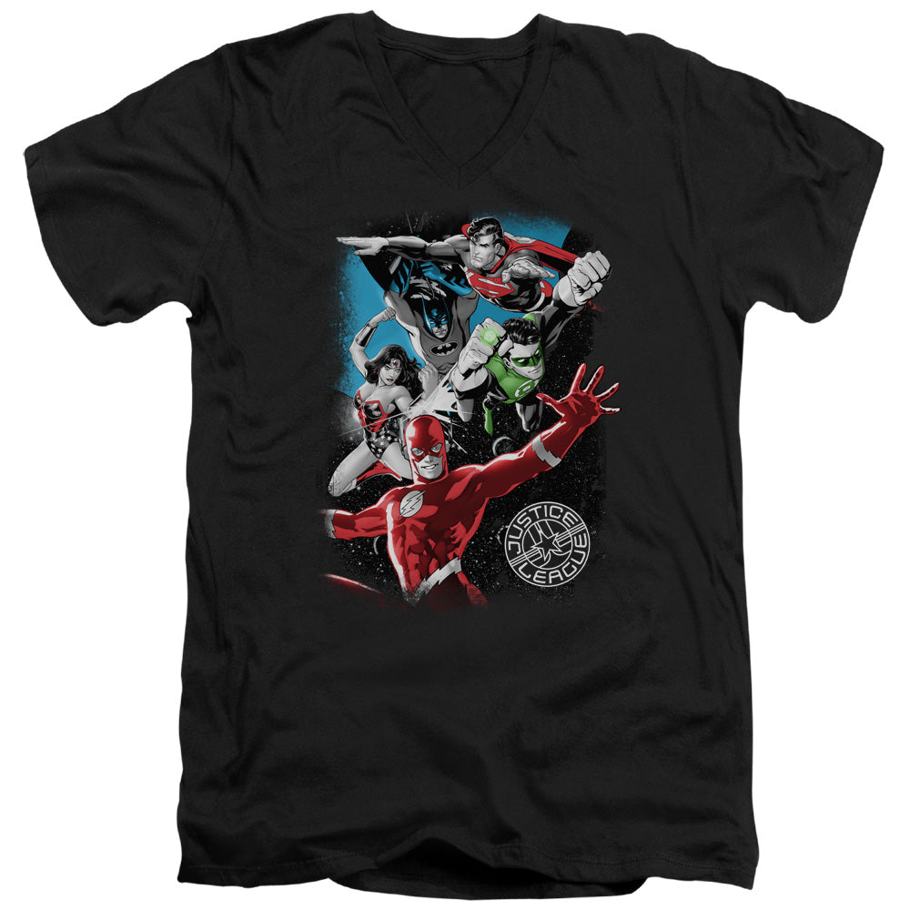 Justice League Galactic Attack Mens Slim Fit V-Neck T Shirt Black