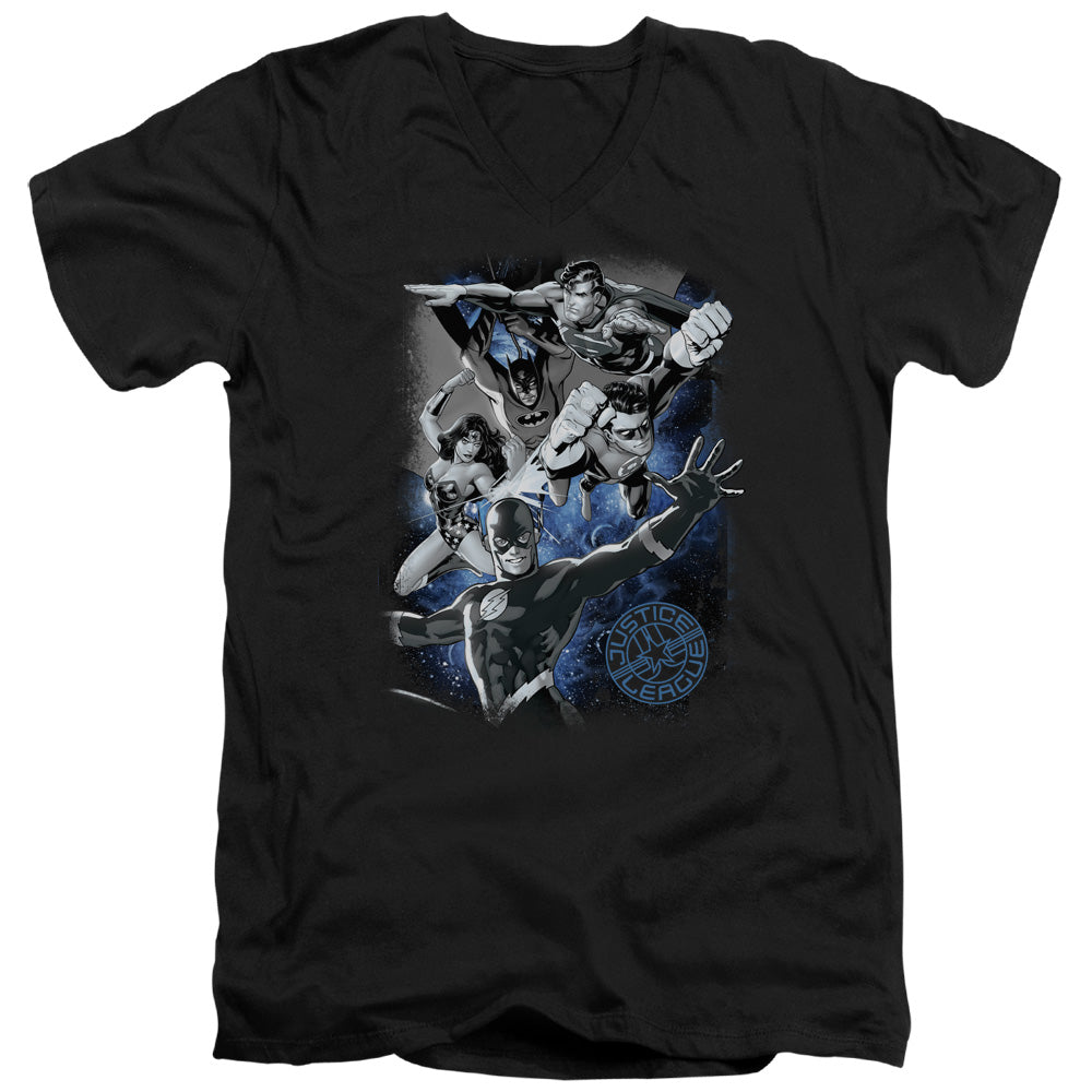 Justice League Galactic Attack Nebula Mens Slim Fit V-Neck T Shirt Black