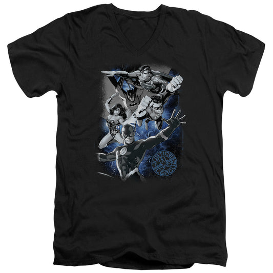 Justice League Galactic Attack Nebula Mens Slim Fit V-Neck T Shirt Black
