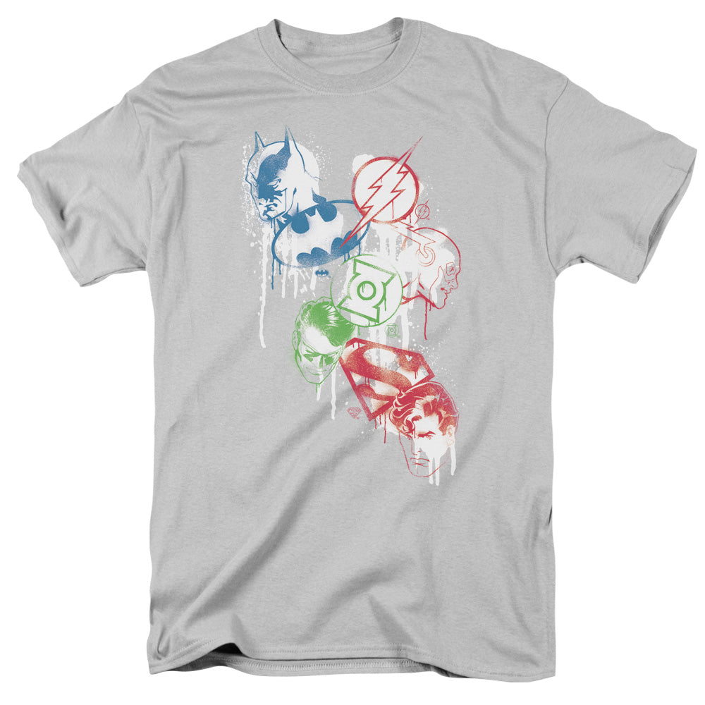 Justice League Of America Splatter Icons Mens T Shirt Silver