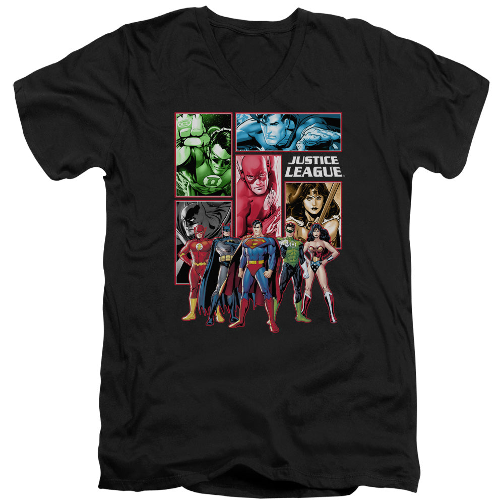 Justice League Justice League Panels Mens Slim Fit V-Neck T Shirt Black